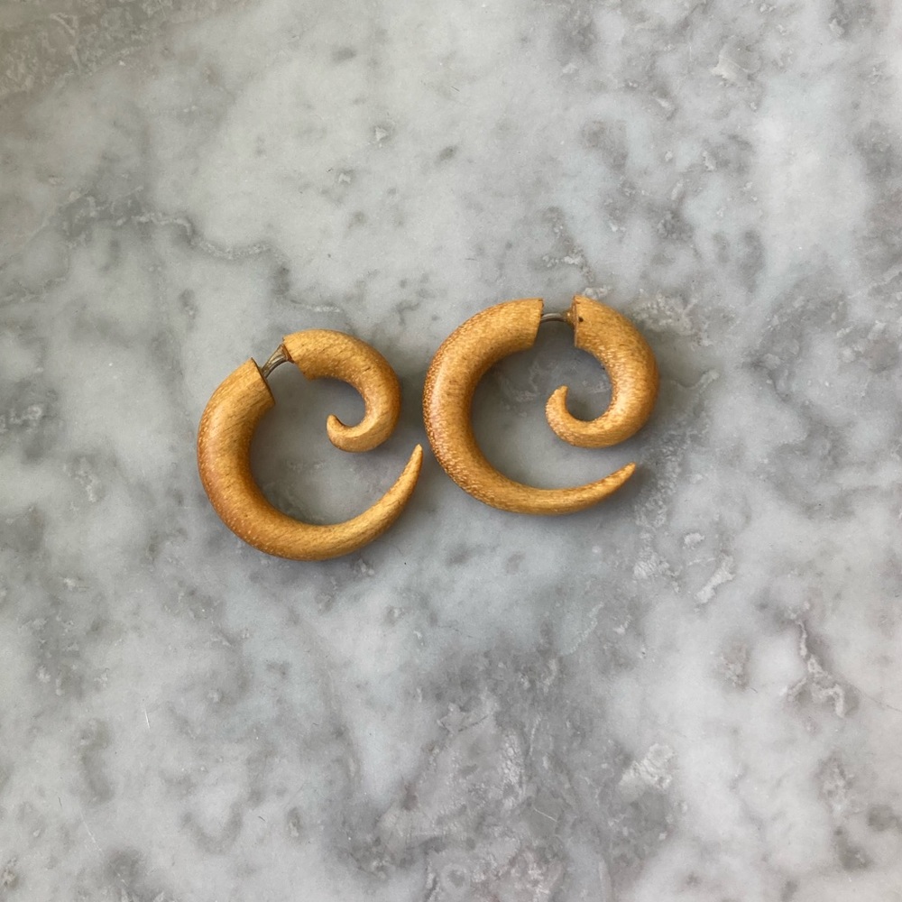 Faux Gauge Spiral Wood Earrings